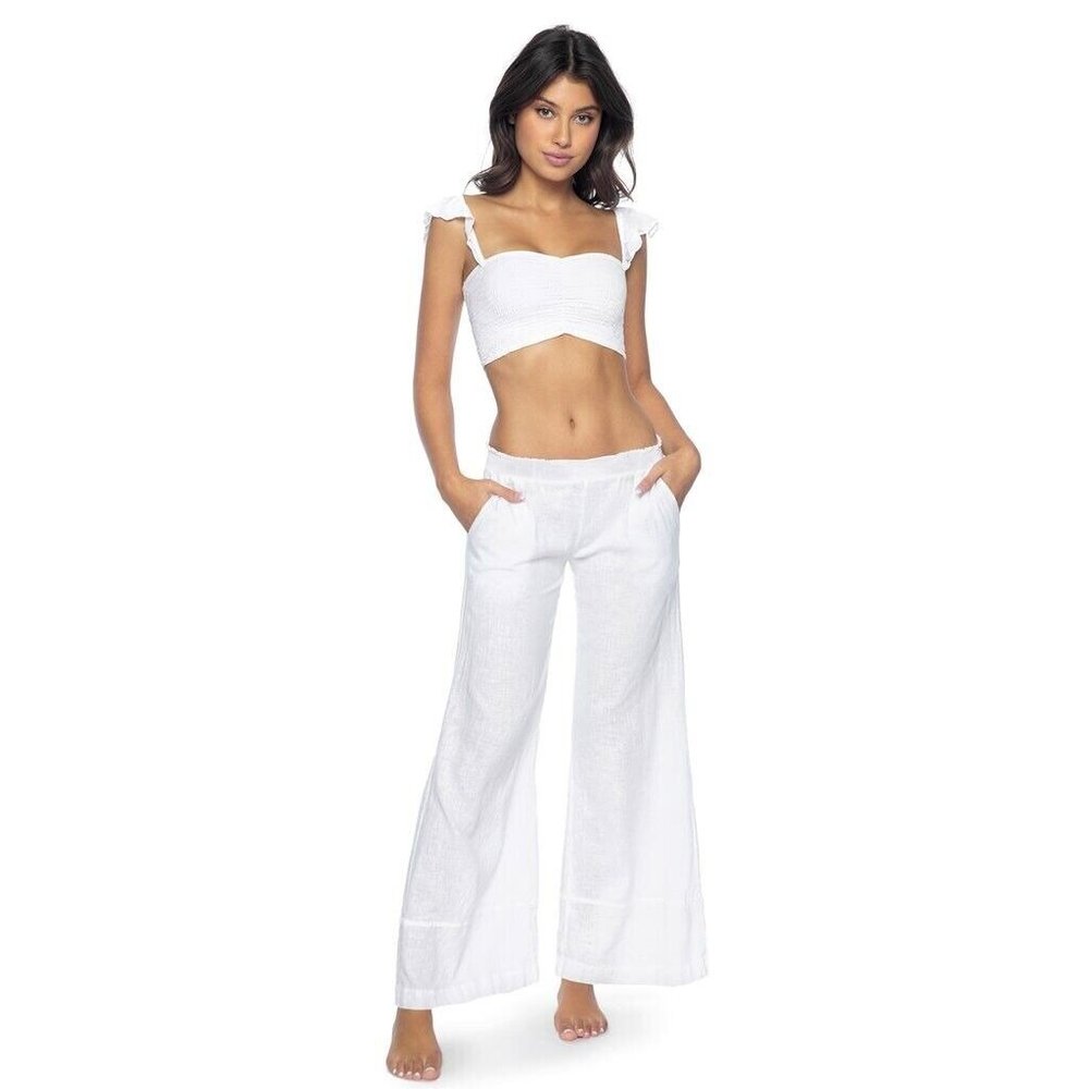PQ Savannah Smocked Pants Water Lily White Linen Smocked Resort